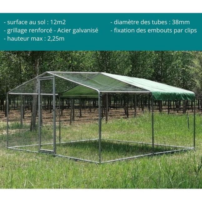 Parc à Poules - Enclos 12m² Ø38mm 4x3x2,25m - Acier Galvanisé