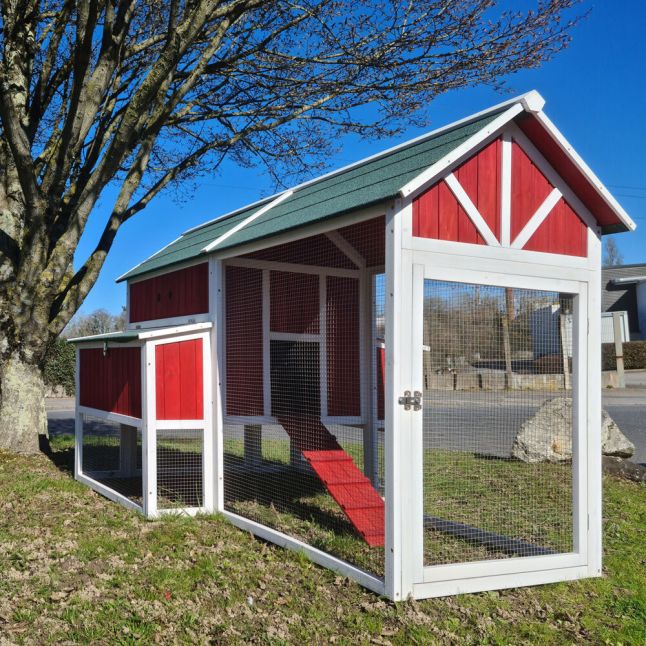 Poulailler Deluxe rouge toit shingle vert 10 à 12 poules V3.0