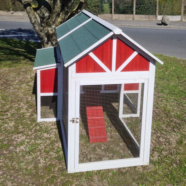 Poulailler Deluxe rouge toit shingle vert 10 à 12 poules V3.0