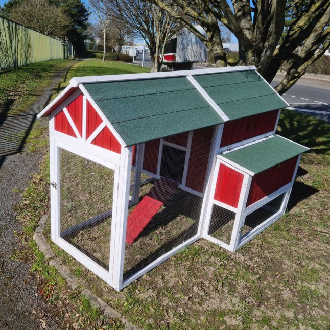 Poulailler Deluxe rouge toit shingle vert 10 à 12 poules V3.0